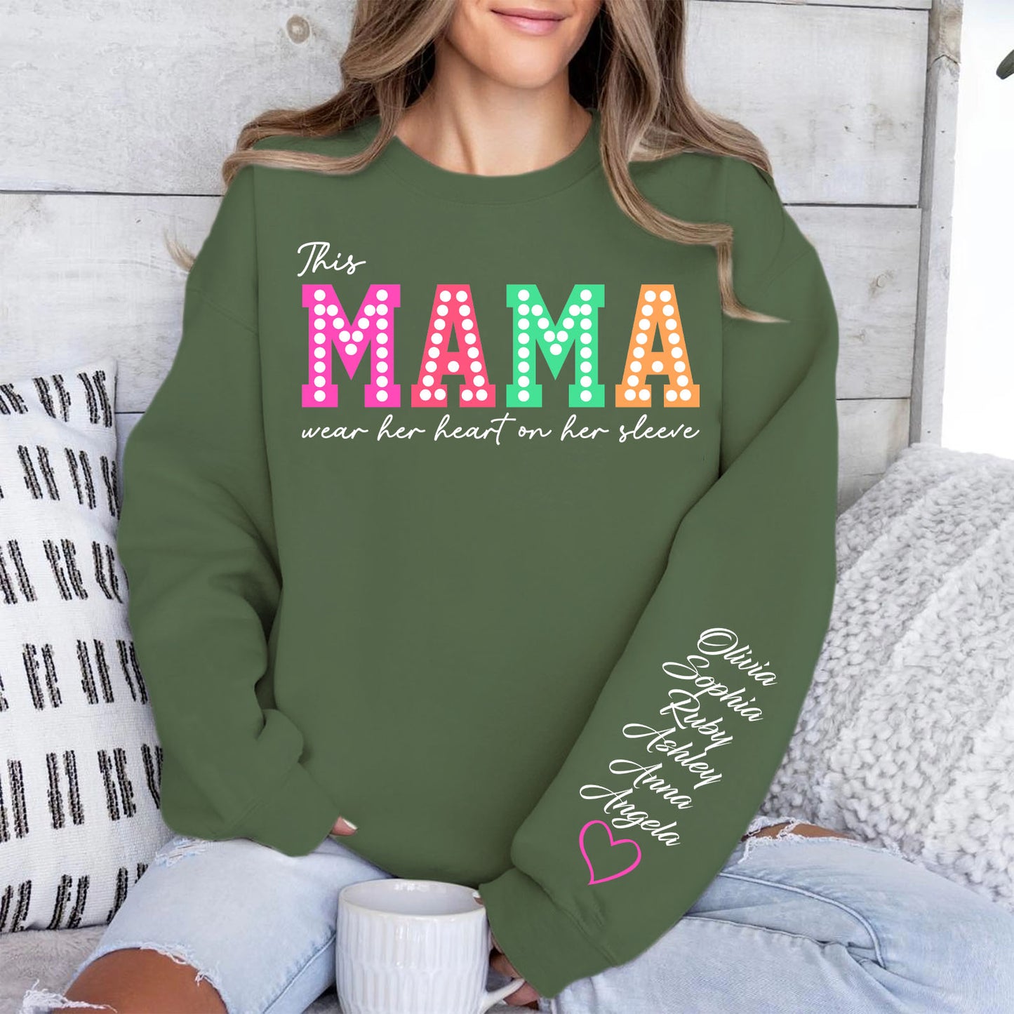 This Mama Wears Her Heart on Her Sleeve Custom Name Shirt, Personalized Custom Sleeve Print Sweatshirt, Mother's Day Gifts 682068