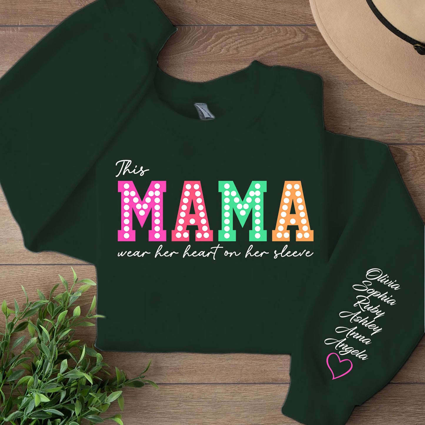 This Mama Wears Her Heart on Her Sleeve Custom Name Shirt, Personalized Custom Sleeve Print Sweatshirt, Mother's Day Gifts 682068