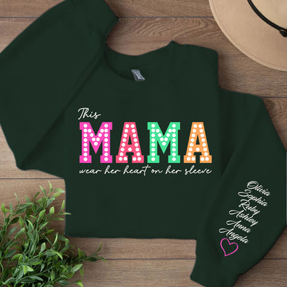 This Mama Wears Her Heart on Her Sleeve Custom Name Shirt, Personalized Custom Sleeve Print Sweatshirt, Mother's Day Gifts 682068