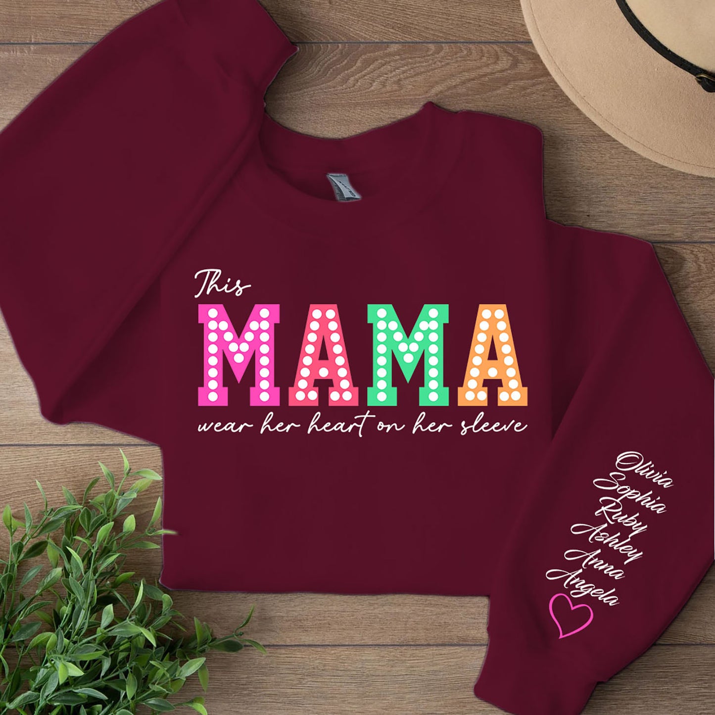 This Mama Wears Her Heart on Her Sleeve Custom Name Shirt, Personalized Custom Sleeve Print Sweatshirt, Mother's Day Gifts 682068