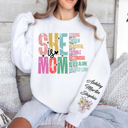She is Mom Custom Name Shirt, Personalized Custom Sleeve Print Sweatshirt, Mother's Day Gifts, Gift For Mom, Gift For Wife 682072