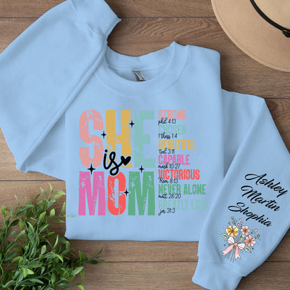 She is Mom Custom Name Shirt, Personalized Custom Sleeve Print Sweatshirt, Mother's Day Gifts, Gift For Mom, Gift For Wife 682072