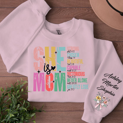 She is Mom Custom Name Shirt, Personalized Custom Sleeve Print Sweatshirt, Mother's Day Gifts, Gift For Mom, Gift For Wife 682072