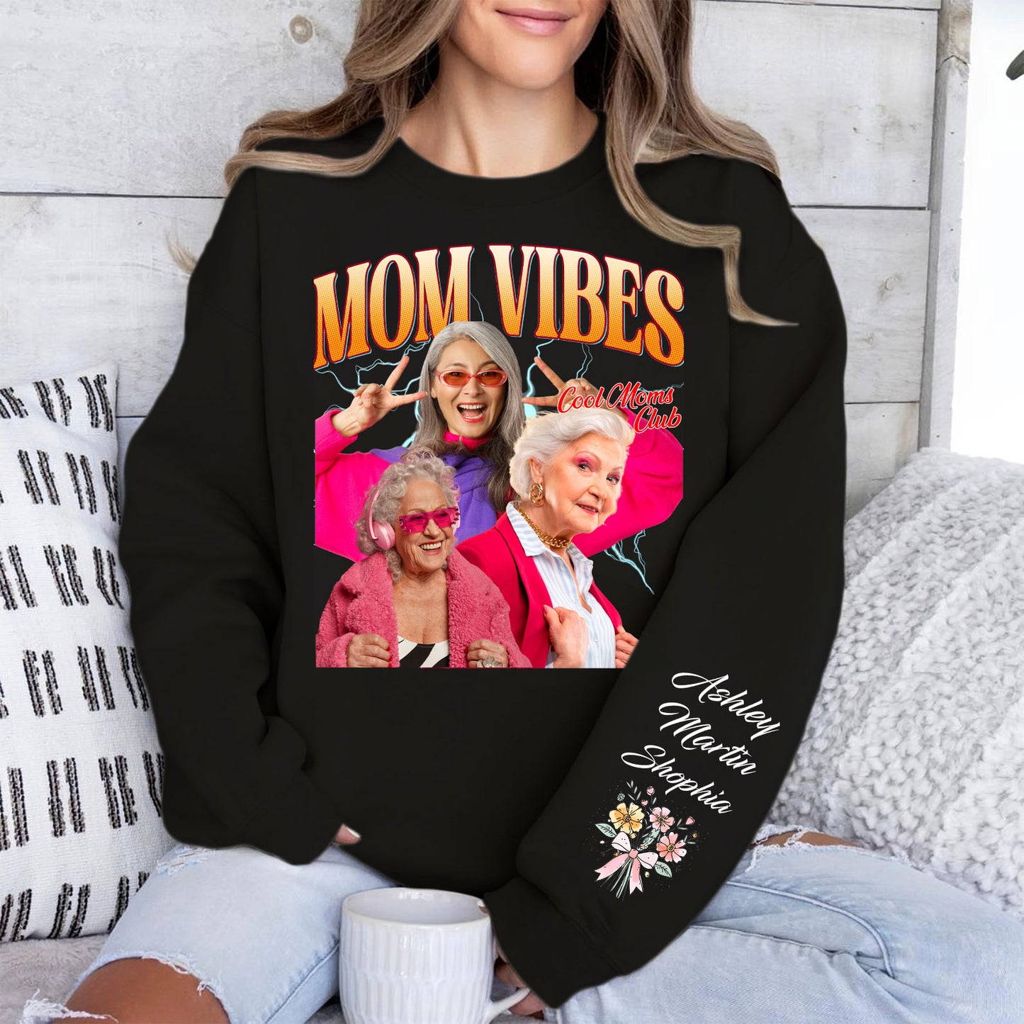 Mom Vibes Custom Name Shirt, Personalized Custom Photo Sleeve Print Sweatshirt, Mother's Day Gifts, Gift For Mom, Gift For Wife 682073
