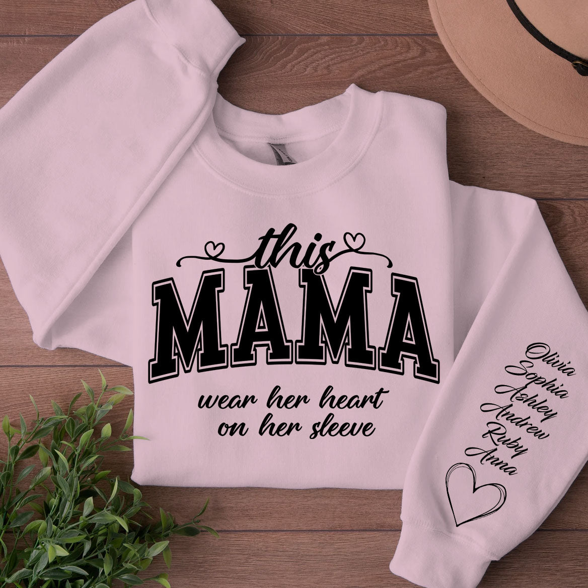 This Mama Wears Her Heart On Her Sleeve Custom Name Shirt, Personalized Custom Name Sleeve Print Bright Sweatshirt, Mother's Day Gifts, Gift For Mom, Gift For Wife 682076