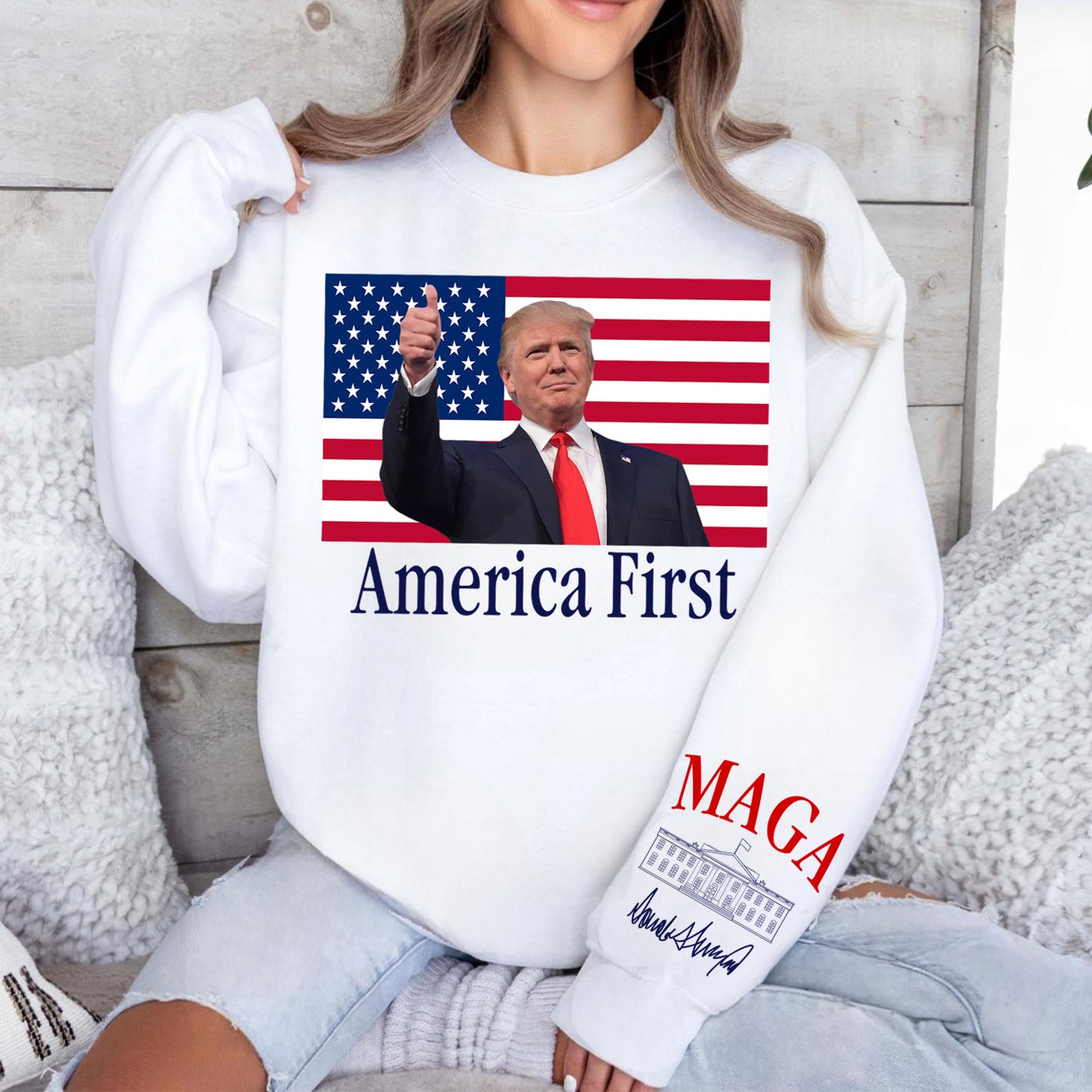 Trump America First Shirt, White House Donald Trump MAGA Sleeve Print Sweatshirt, Republican Gift 682078 - GOP