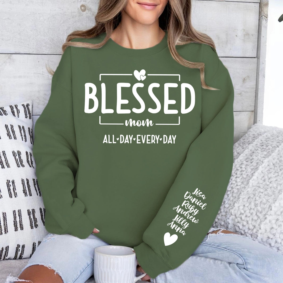 Blessed Mom All Day Everyday Sleeve Custom Name Shirt, Personalized Custom Sleeve Right Print Dark Sweatshirt, Mother's Day Gifts, Gift For Mom, Gift For Wife 682087