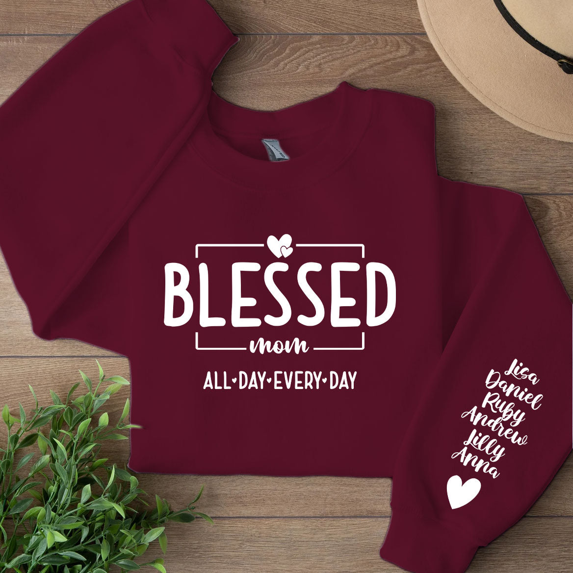 Blessed Mom All Day Everyday Sleeve Custom Name Shirt, Personalized Custom Sleeve Right Print Dark Sweatshirt, Mother's Day Gifts, Gift For Mom, Gift For Wife 682087