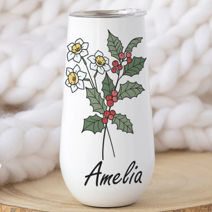 Custom Name With Birth Flower Curved 6oz Tumbler, Personalized Champagne Tumbler, Gift For Mom, Gift For Wife 682095