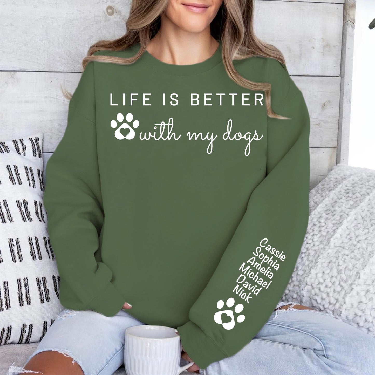 Life Is Better With My Dog Sleeve Custom Name Shirt, Personalized Custom Sleeve Print Dark Sweatshirt, Mother's Day Gifts, Father's Day Gift 682103