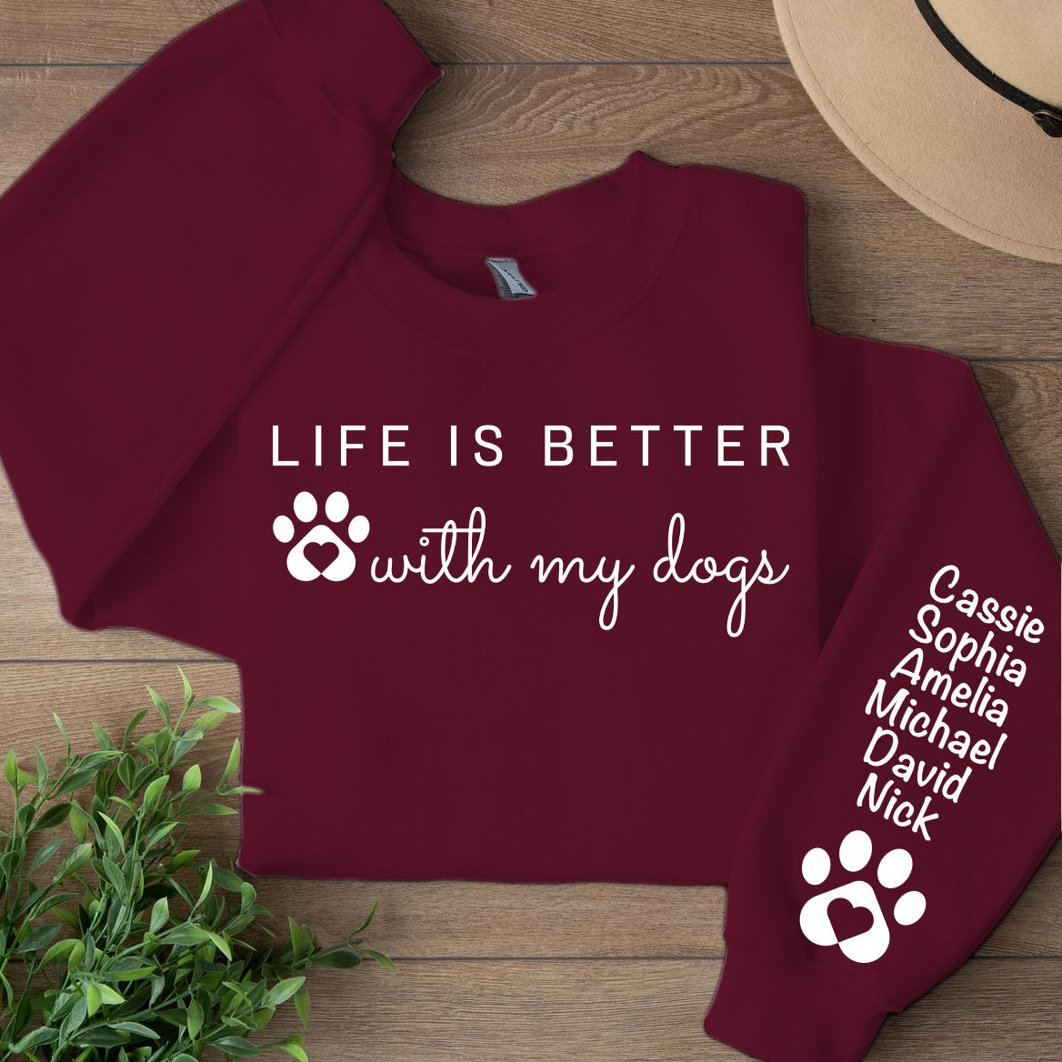 Life Is Better With My Dog Sleeve Custom Name Shirt, Personalized Custom Sleeve Print Dark Sweatshirt, Mother's Day Gifts, Father's Day Gift 682103