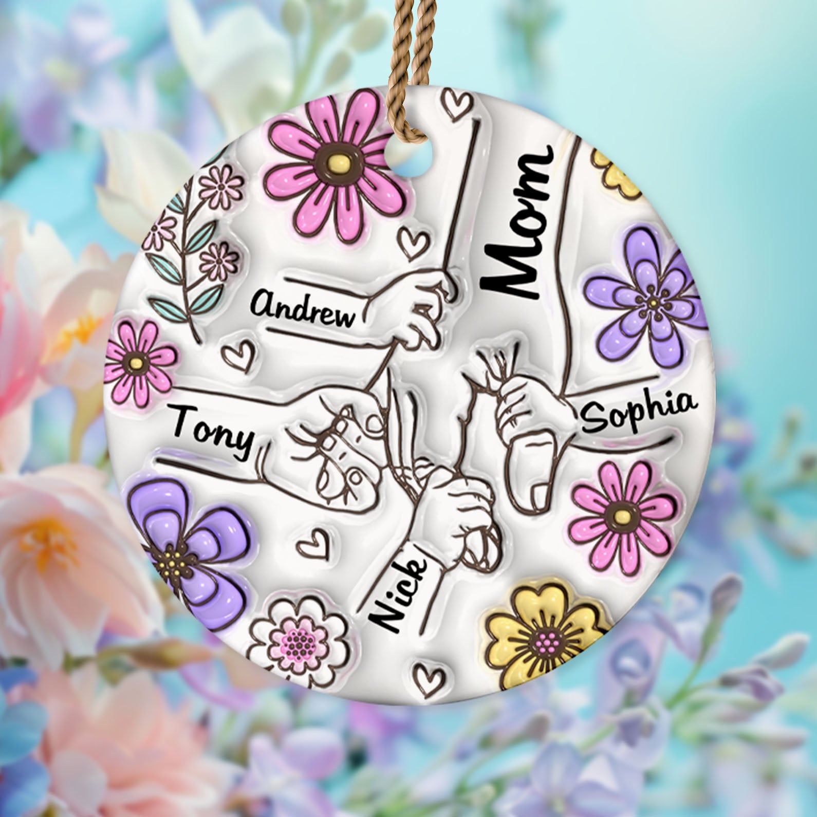 Mom You Hold Our Hands Present Circle Ornament, Personalized Custom Name and Title Mothers Day Ceramic Ornament, Family Gift, Gift for Mom, Gift for Wife 682128