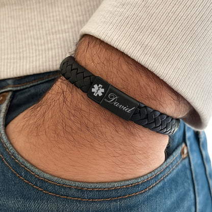 Custom Name Engraved Leather Medical Bracelet | Gift for Dad, Mom | Mother's Day Gift, Father's Day Gift | Personalized Unisex Bracelet 682222