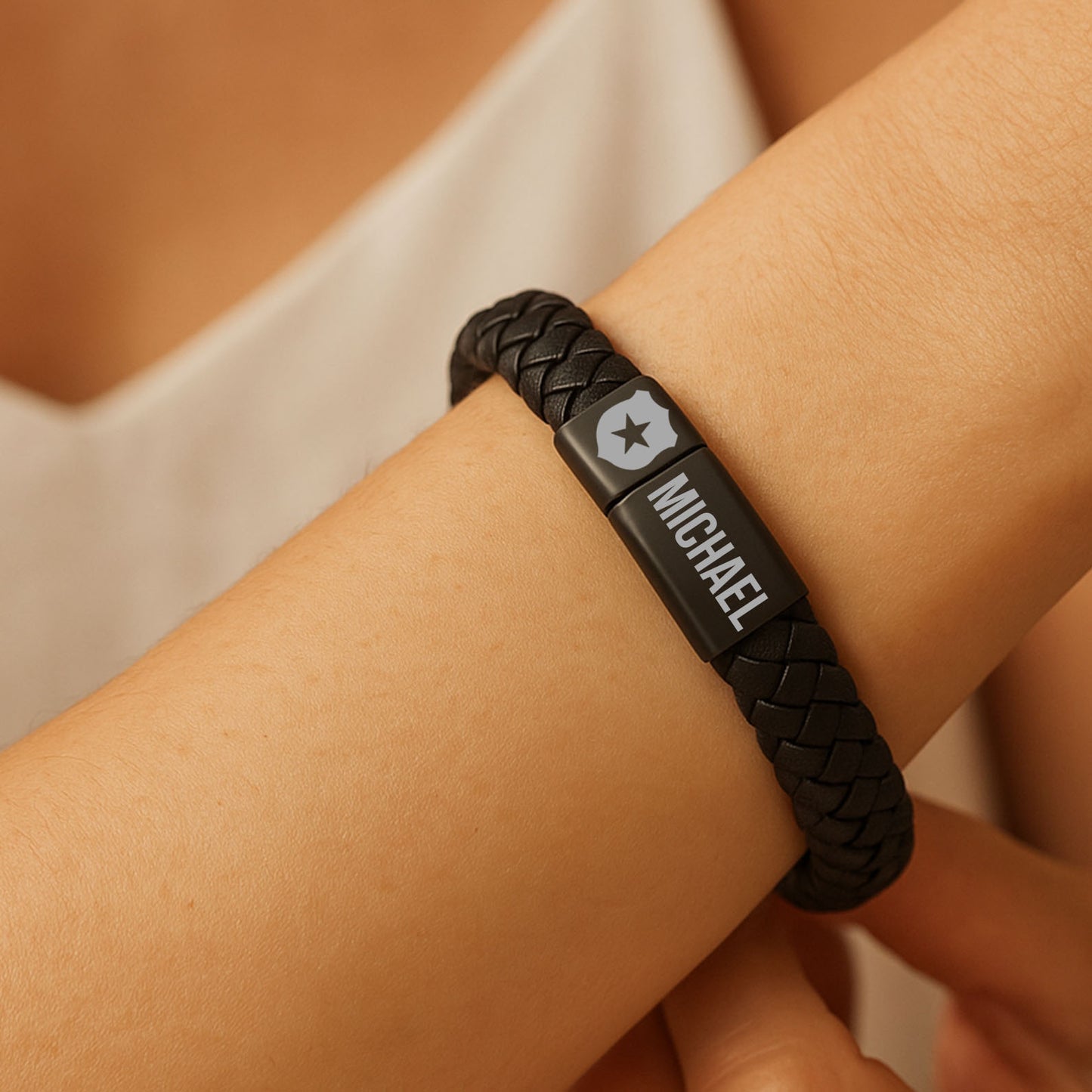 Custom Name Engraved Leather Police Bracelet | Gift for Dad, Mom | Mother's Day Gift, Father's Day Gift | Personalized Unisex Bracelet 682225