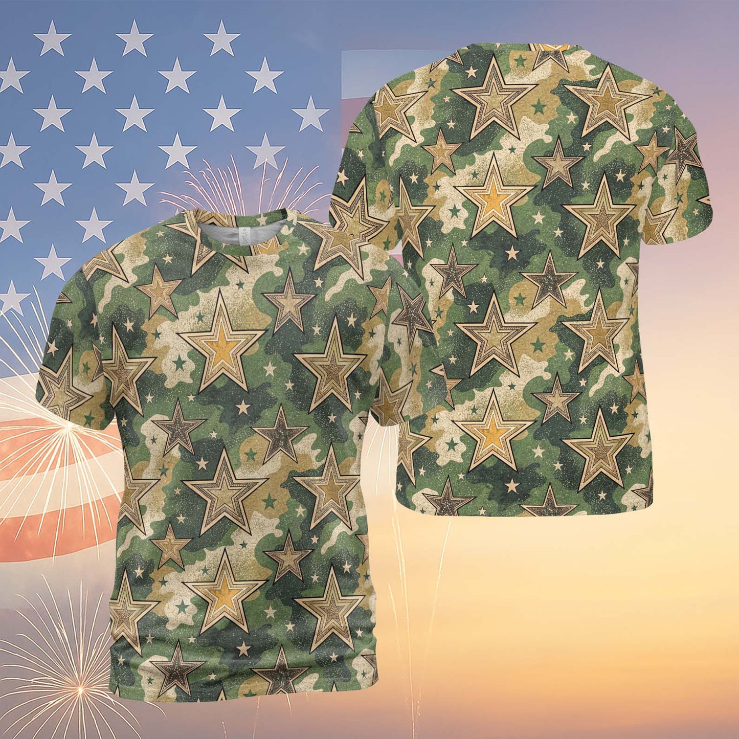 Military Camouflage Stars Unisex 3D T-Shirt | Vintage Independence Day Shirt | 4th of July All-Over Printed T-Shirt 682303