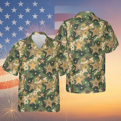 Military Camouflage Stars Hawaiian Shirt | Vintage Independence Day Shirt | 4th of July Hawaiian Shirt 682303