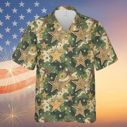Military Camouflage Stars Hawaiian Shirt | Vintage Independence Day Shirt | 4th of July Hawaiian Shirt 682303