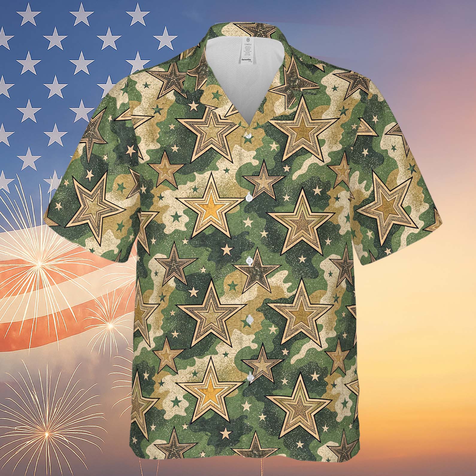 Military Camouflage Stars Hawaiian Shirt | Vintage Independence Day Shirt | 4th of July Hawaiian Shirt 682303