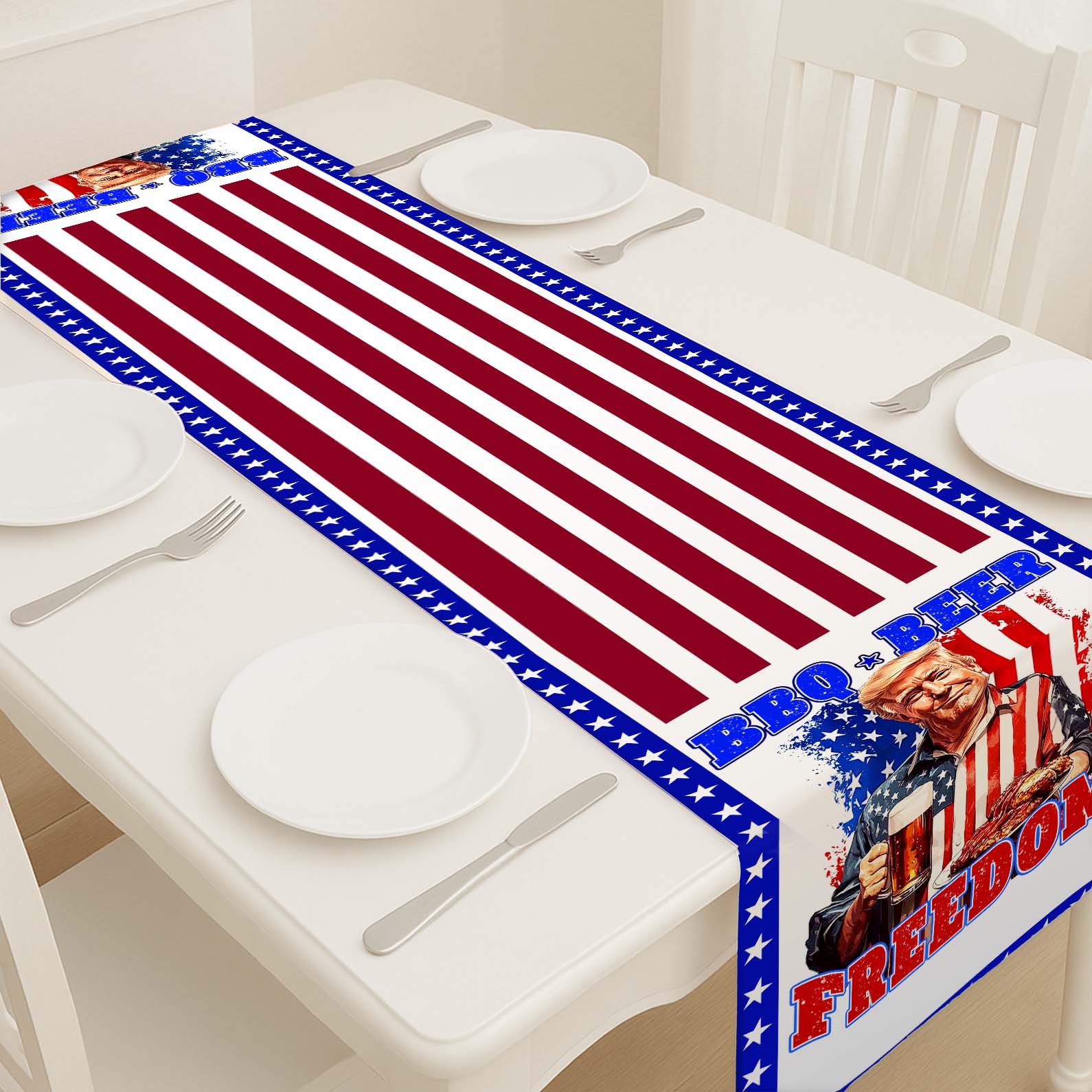 Beer BBQ Freedom Patriotic Table Runner, Trump 4th of July Table Runner for Kitchen 682331