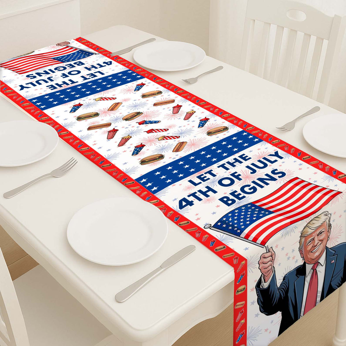 Let The 4th of July Begin Table Runner | Patriotic American Independence Day | Trump 4th Of July Table Runner For Kitchen 682349 - GOP