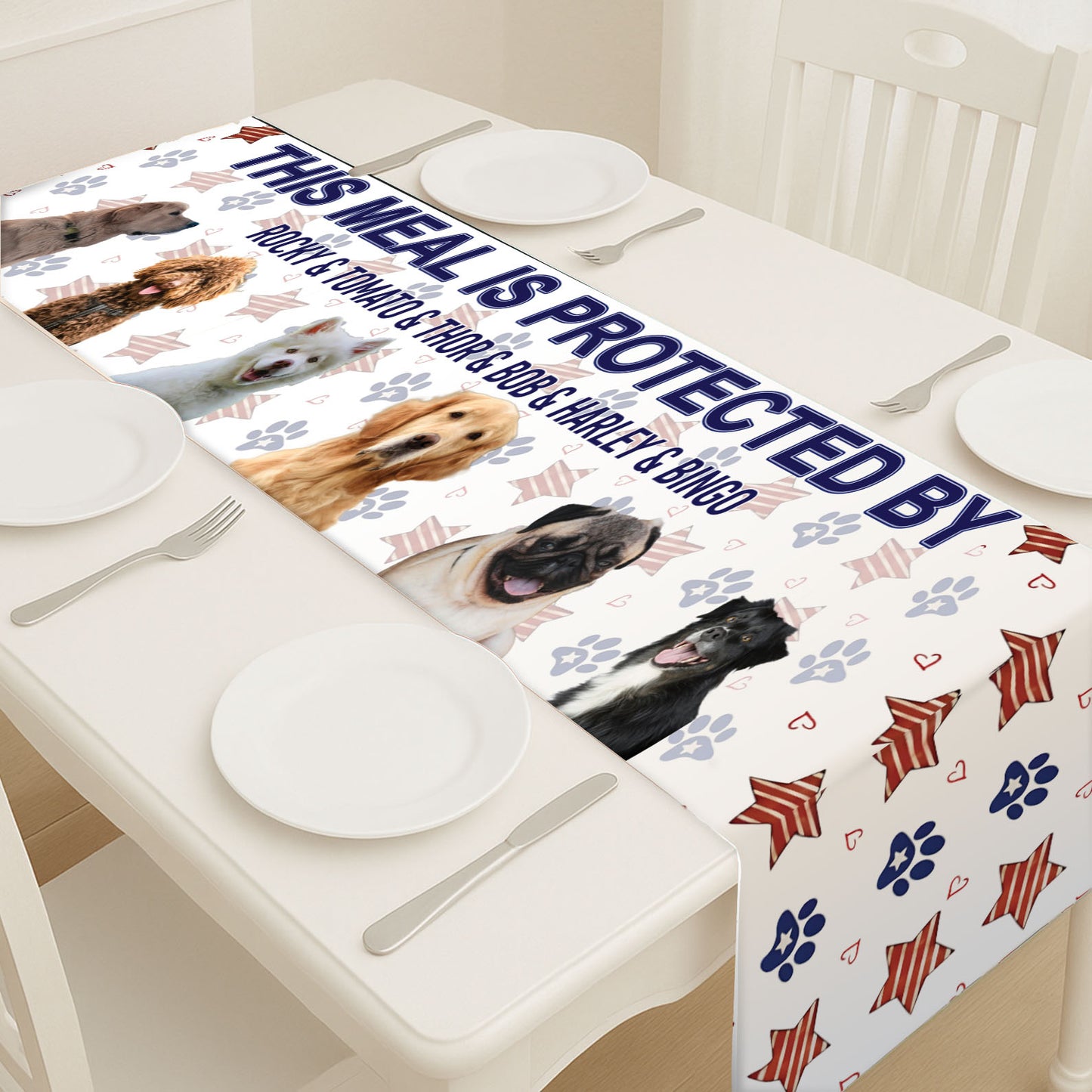Personalized This Meal Is Protected Table Runner | Custom Dog Photo | Patriotic 4th Of July Table Runner For Kitchen 682353