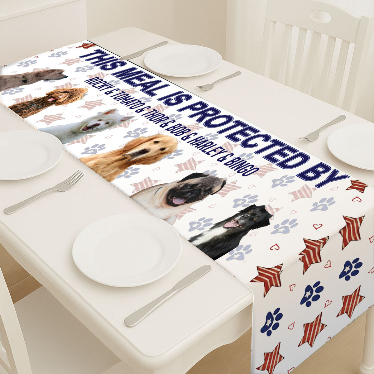 Personalized This Meal Is Protected Table Runner | Custom Dog Photo | Patriotic 4th Of July Table Runner For Kitchen 682353
