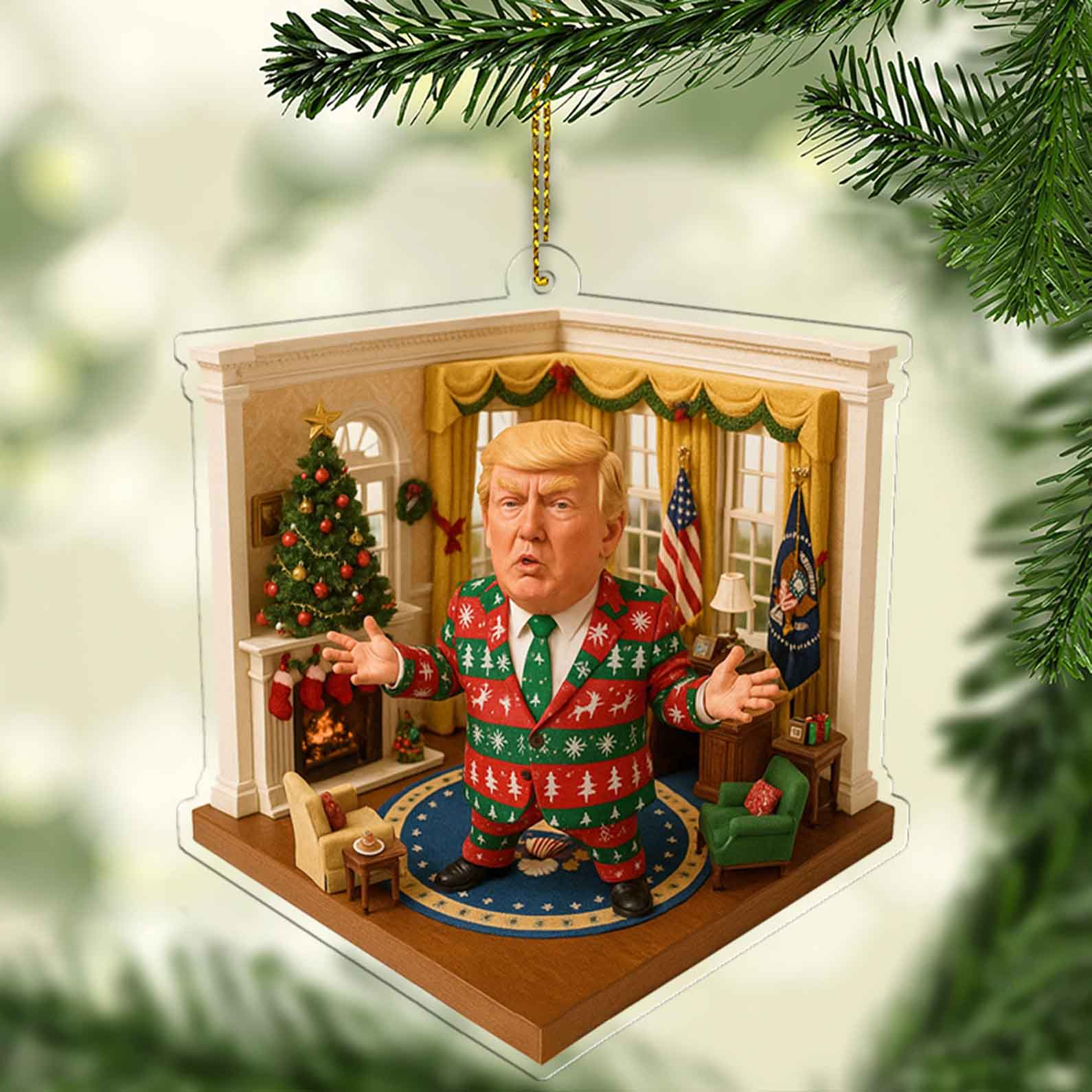 Trump in Oval Office Christmas Suit 2D Acrylic Ornament, MAGA Ornament, Perfect for Car & Christmas Tree Decor 682668