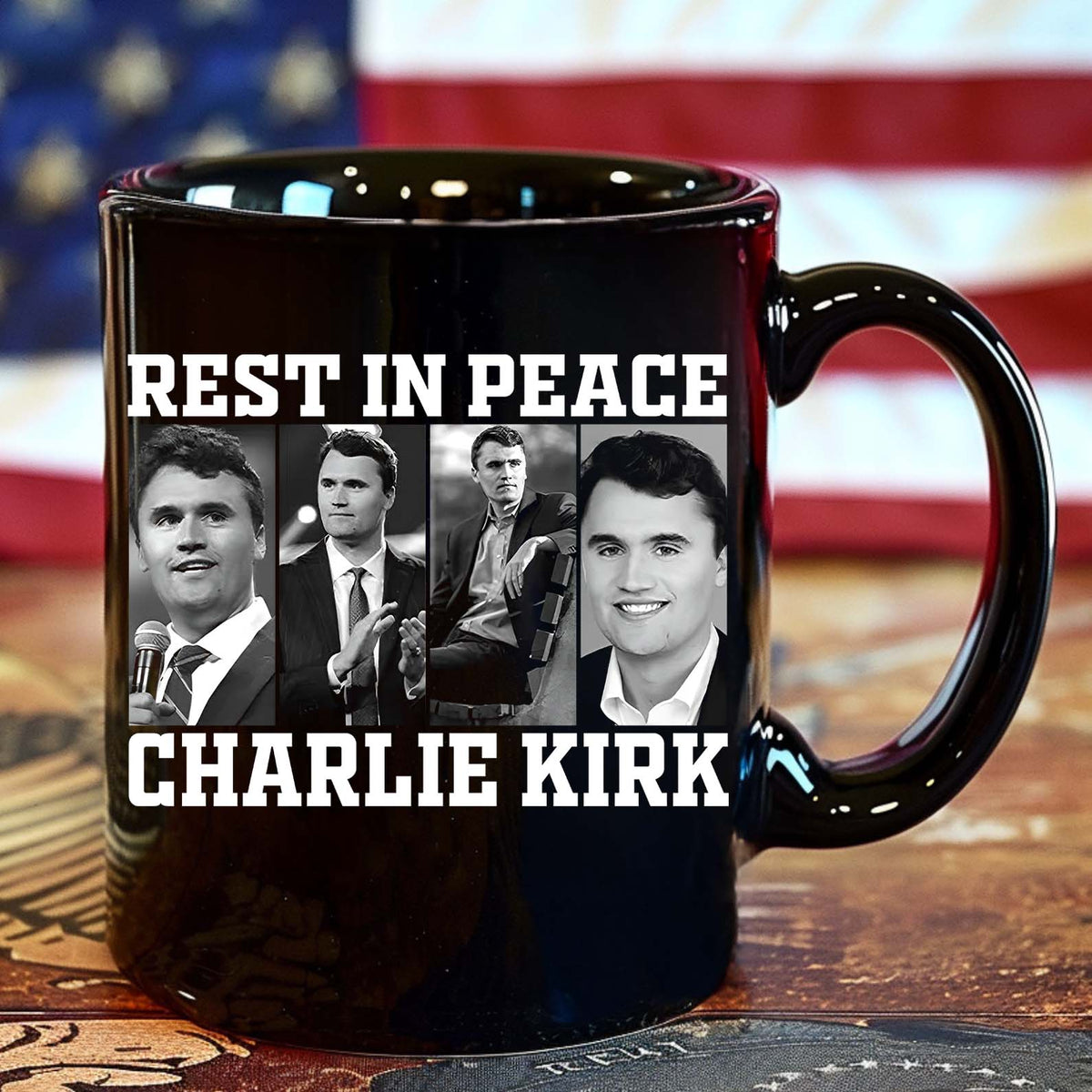 Rest In Peace Charlie Kirk Black Mug, Justice for Charlie Kirk Mug, Charlie Kirk Assassination Mug, Pray for Charlie Kirk Mug 682852