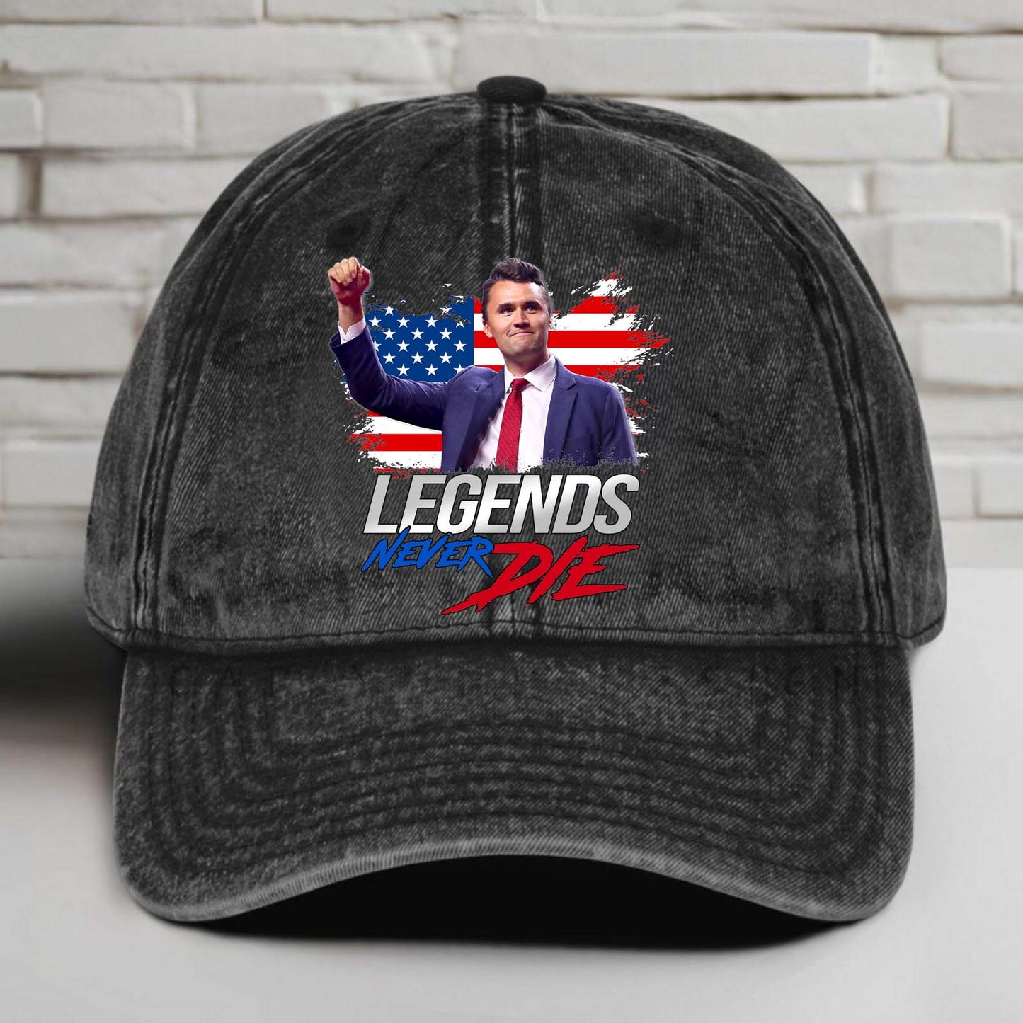 Charlie Kirk Legends Never Die Printed Vintage Washed Denim Baseball Cap | Justice for Charlie Kirk Hat 682897