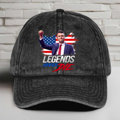 Charlie Kirk Legends Never Die Printed Vintage Washed Denim Baseball Cap | Justice for Charlie Kirk Hat 682897