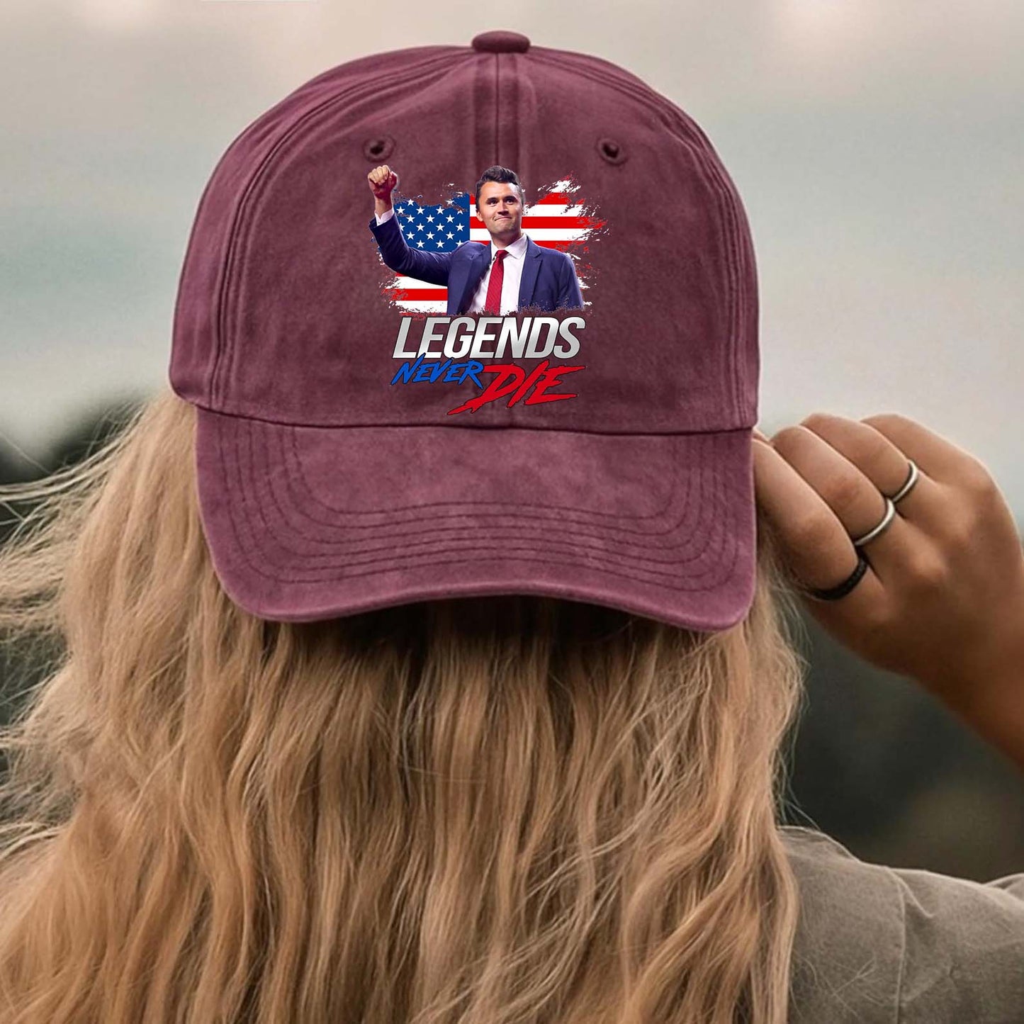 Charlie Kirk Legends Never Die Printed Vintage Washed Denim Baseball Cap | Justice for Charlie Kirk Hat 682897