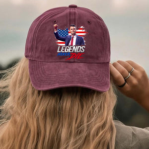 Charlie Kirk Legends Never Die Printed Vintage Washed Denim Baseball Cap | Justice for Charlie Kirk Hat 682897