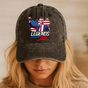 Charlie Kirk Legends Never Die Printed Vintage Washed Denim Baseball Cap | Justice for Charlie Kirk Hat 682897