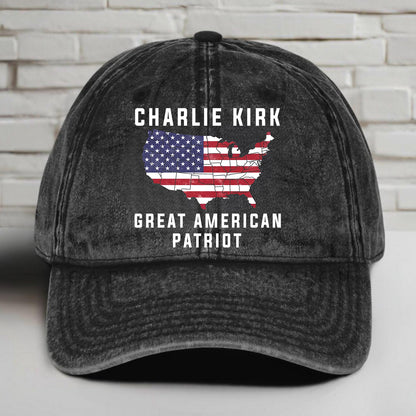 Charlie Kirk Great American Patriot Printed Vintage Washed Denim Baseball Cap | Justice for Charlie Kirk Hat 682830