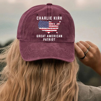 Charlie Kirk Great American Patriot Printed Vintage Washed Denim Baseball Cap | Justice for Charlie Kirk Hat 682830