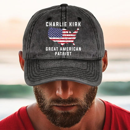 Charlie Kirk Great American Patriot Printed Vintage Washed Denim Baseball Cap | Justice for Charlie Kirk Hat 682830