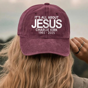 Charlie Kirk It's All About Jesus Printed Vintage Washed Denim Baseball Cap | Justice for Charlie Kirk Hat 683034
