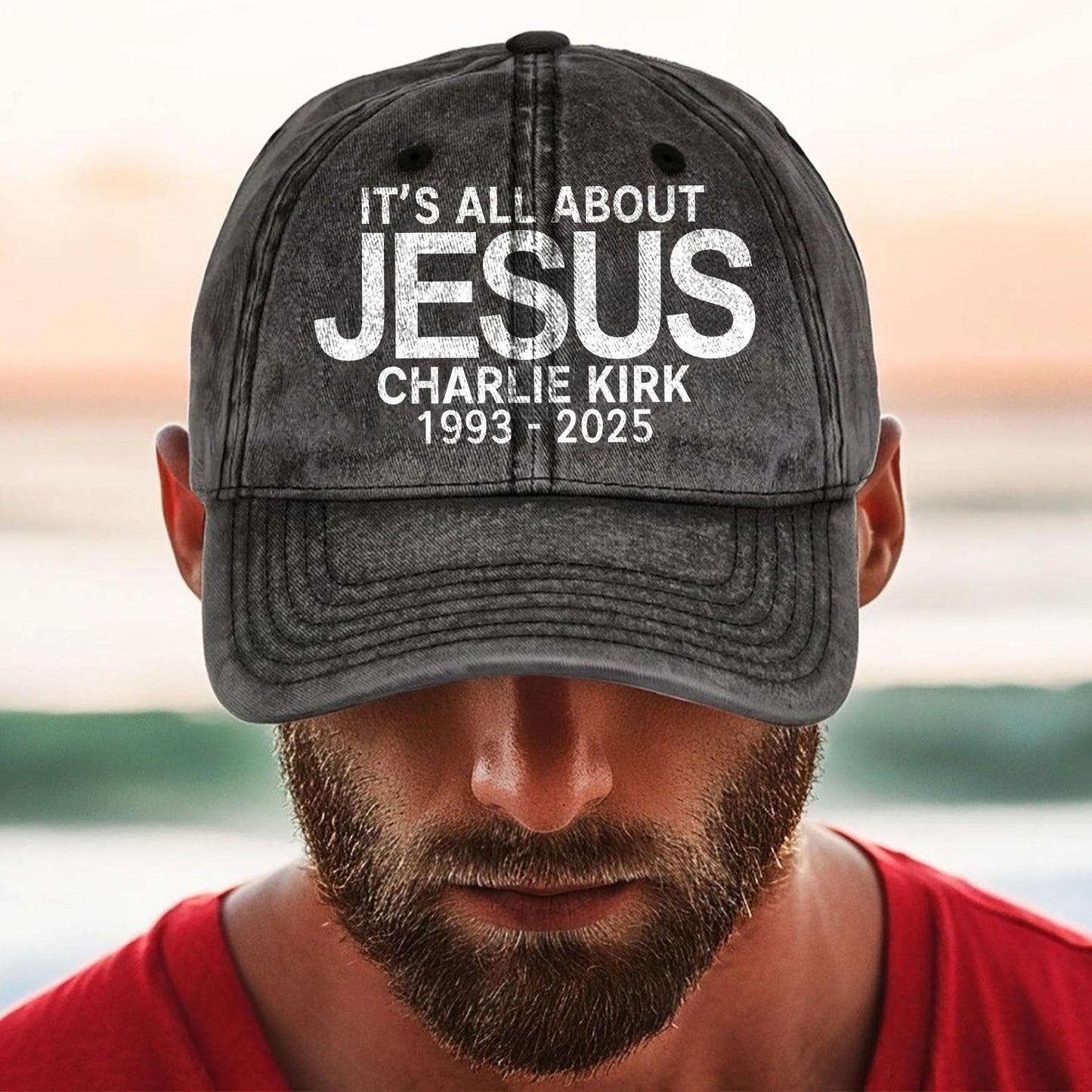 Charlie Kirk It's All About Jesus Printed Vintage Washed Denim Baseball Cap | Justice for Charlie Kirk Hat 683034