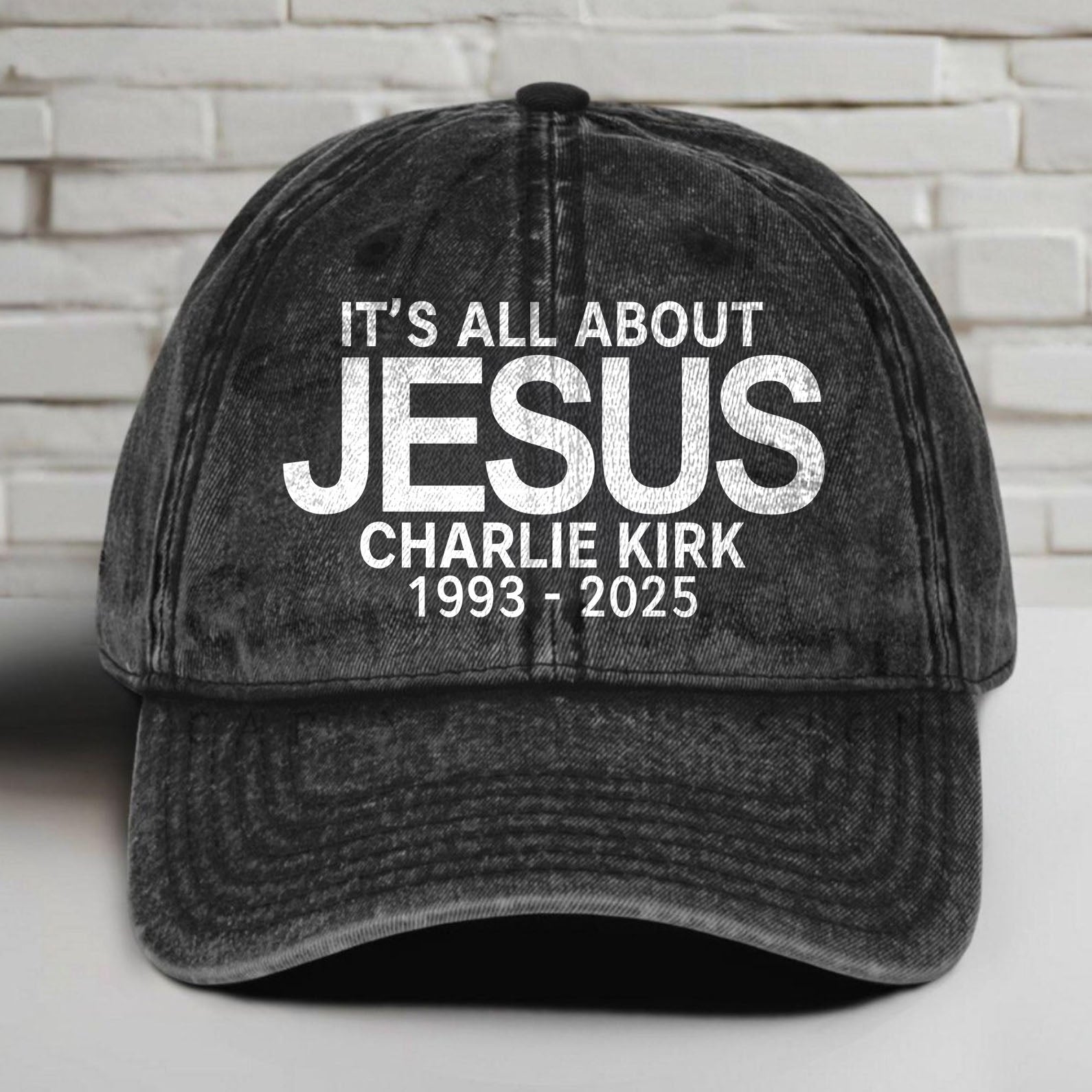 Charlie Kirk It's All About Jesus Printed Vintage Washed Denim Baseball Cap | Justice for Charlie Kirk Hat 683034