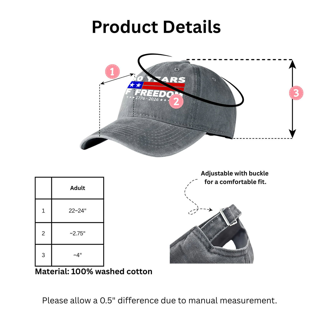 250 Years of Freedom Printed Vintage Washed Denim Baseball Cap | America 250 Anniversary Hat 683036