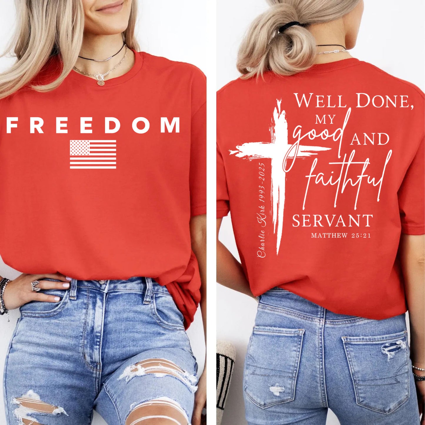 Red Charlie Kirk FREEDOM Shirt | Christian Faith Good Red Shirt | We Wear Red Charlie Kirk Birthday October 14 | Red Front & Back Shirt 683079
