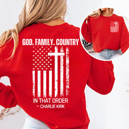 God Family Country In That Order Charlie Kirk Red Shirt | Red Freedom Shirt | We Wear Red Charlie Kirk Birthday October 14 Pocket & Back Shirt 683203