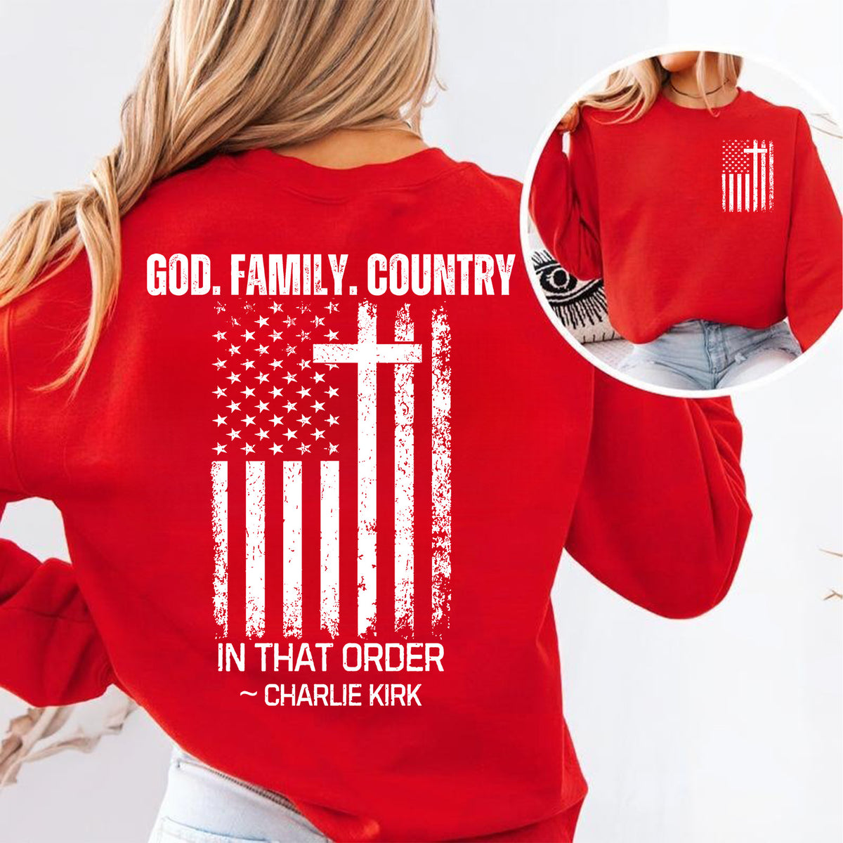 God Family Country In That Order Charlie Kirk Red Shirt | Red Freedom Shirt | We Wear Red Charlie Kirk Birthday October 14 Pocket & Back Shirt 683203