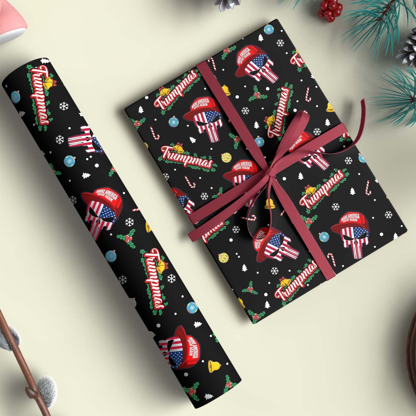 Funny Trump Santa Skull Wrapping Paper, Trumpmas Wrapping Paper, Santa Skull Wrapping Paper For Christmas 683267 - GOP