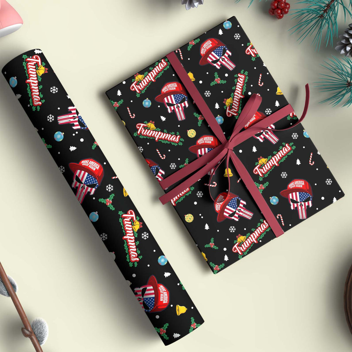 Funny Trump Santa Skull Wrapping Paper, Trumpmas Wrapping Paper, Santa Skull Wrapping Paper For Christmas 683267 - GOP