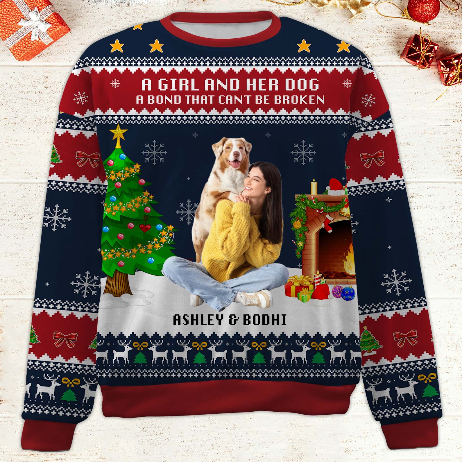 A Girl And Her Dog Christmas Ugly Sweater, Personalized Custom All-Over-Print Sweatshirt, Custom Photo Gift For Dog Moms 683449