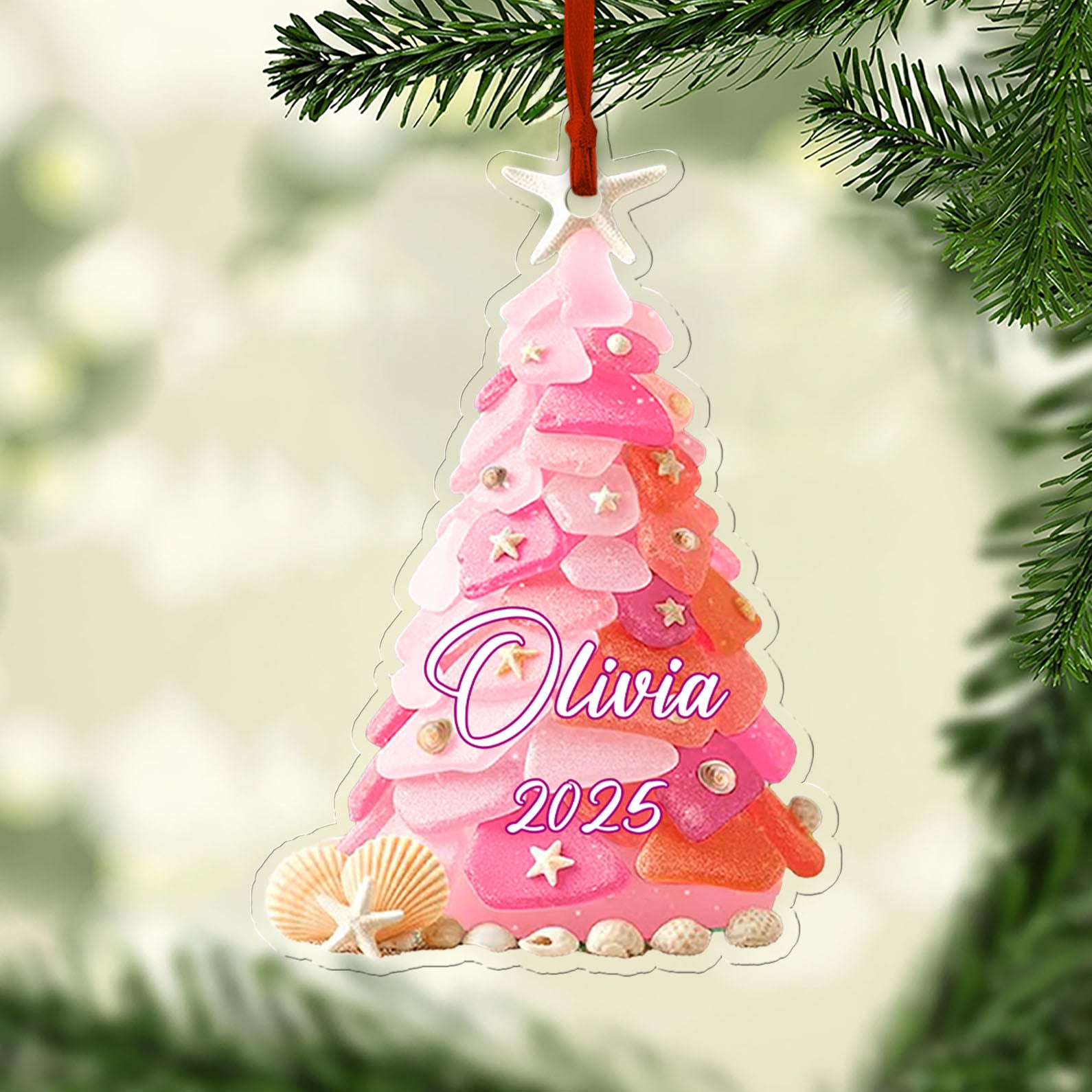 Custom Name Seaglass Christmas Tree Acrylic Ornament | Personalized Christmas Decoration | Gift for Family 683475