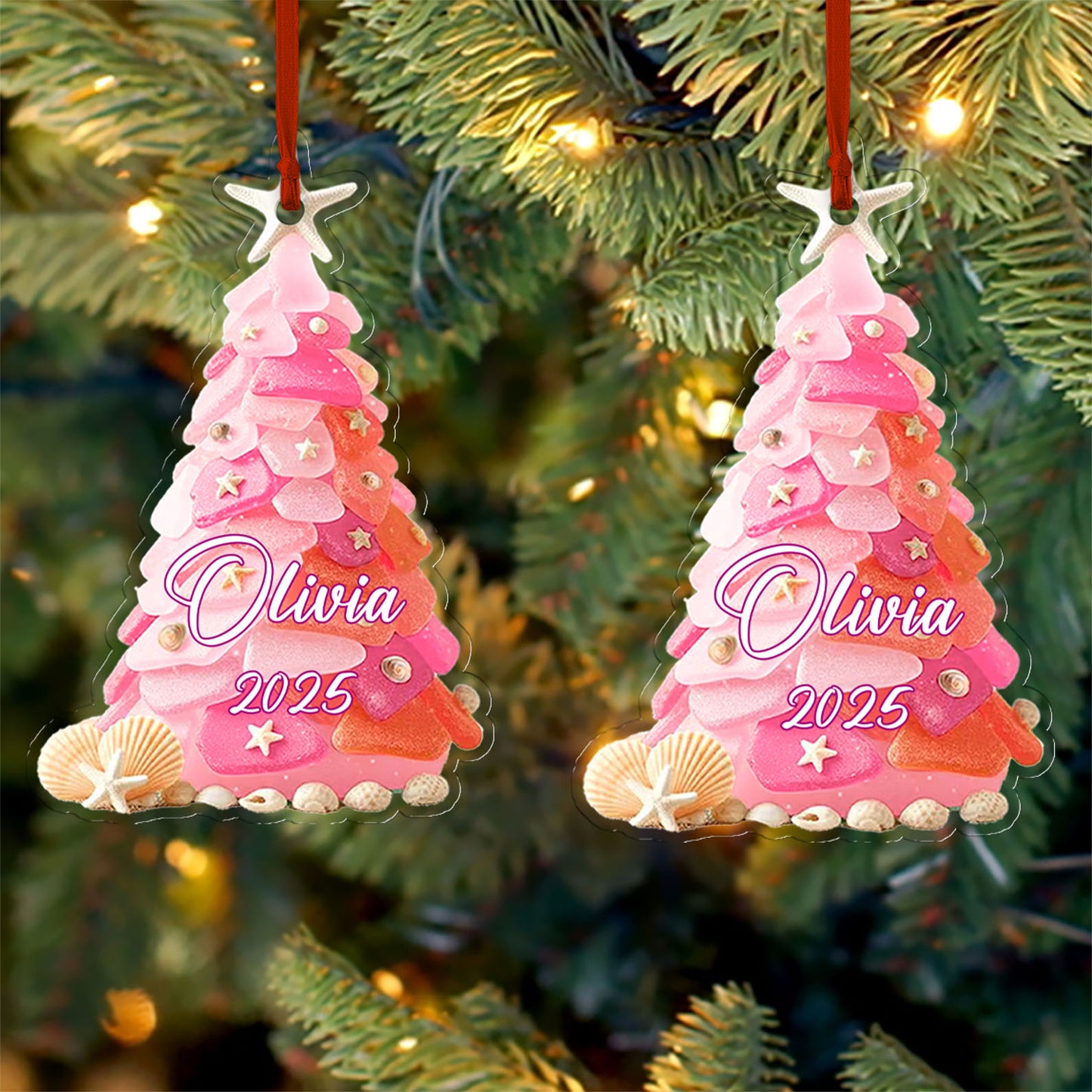 Custom Name Seaglass Christmas Tree Acrylic Ornament | Personalized Christmas Decoration | Gift for Family 683475