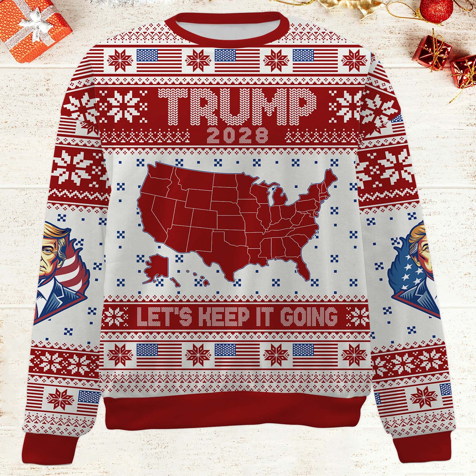 Trump 2028 Let's Keep It Going Ugly Sweater, Trump Christmas All-Over-Printed Sweatshirt, Trump Supporters Gift 683508 GOP