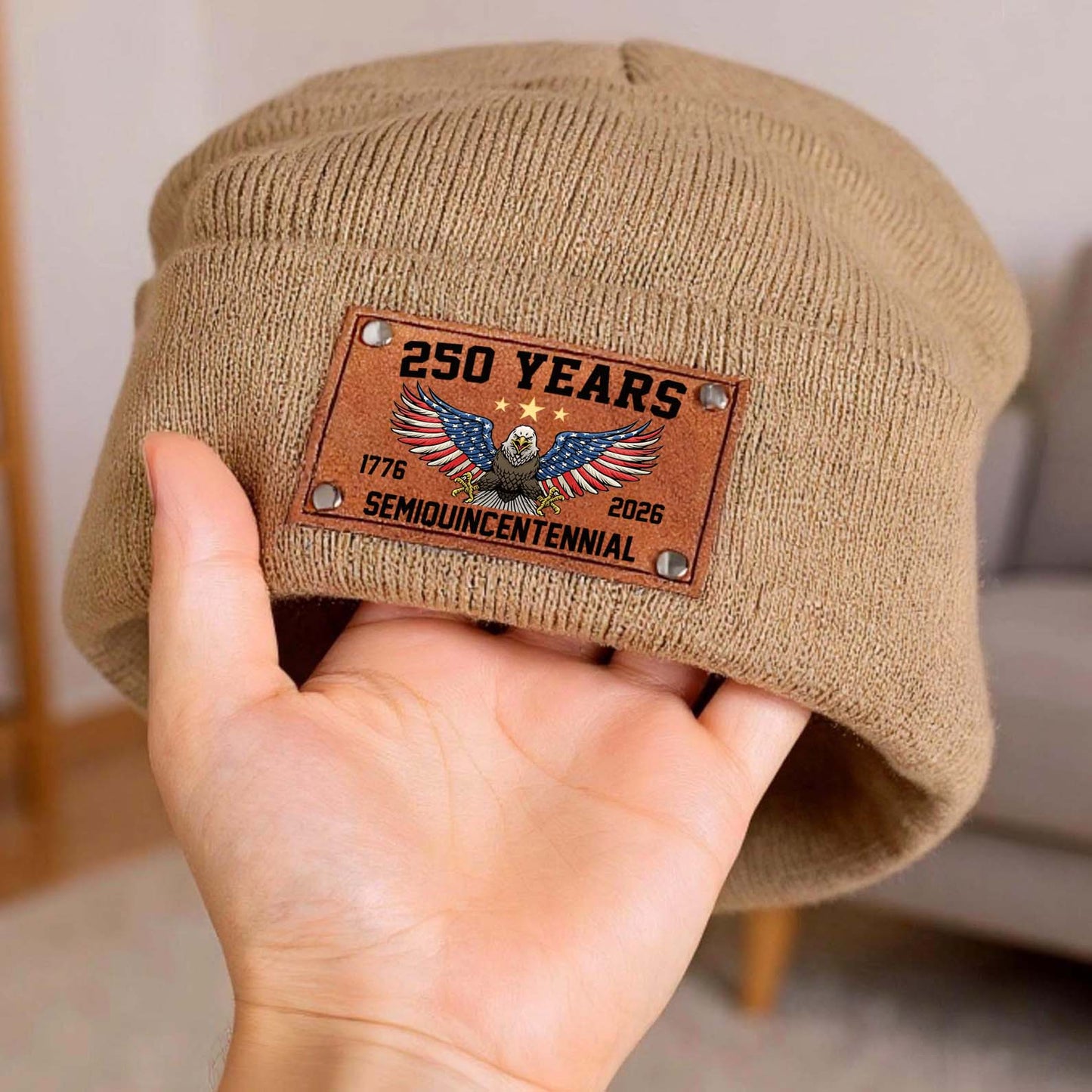 250 Years Semiquincentennial Knit Leather Patch Beanie | America 250 Years Anniversary | Print Leather Patch Hat 683631